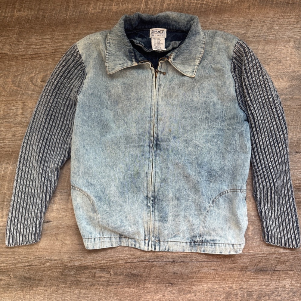 PBJ Blues Denim Knit‎ Jacket Acid Wash Blue Striped Long Sleeve Women's L Y2K